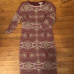 London Times Red and Cream Geometric Long Sleeve Dress